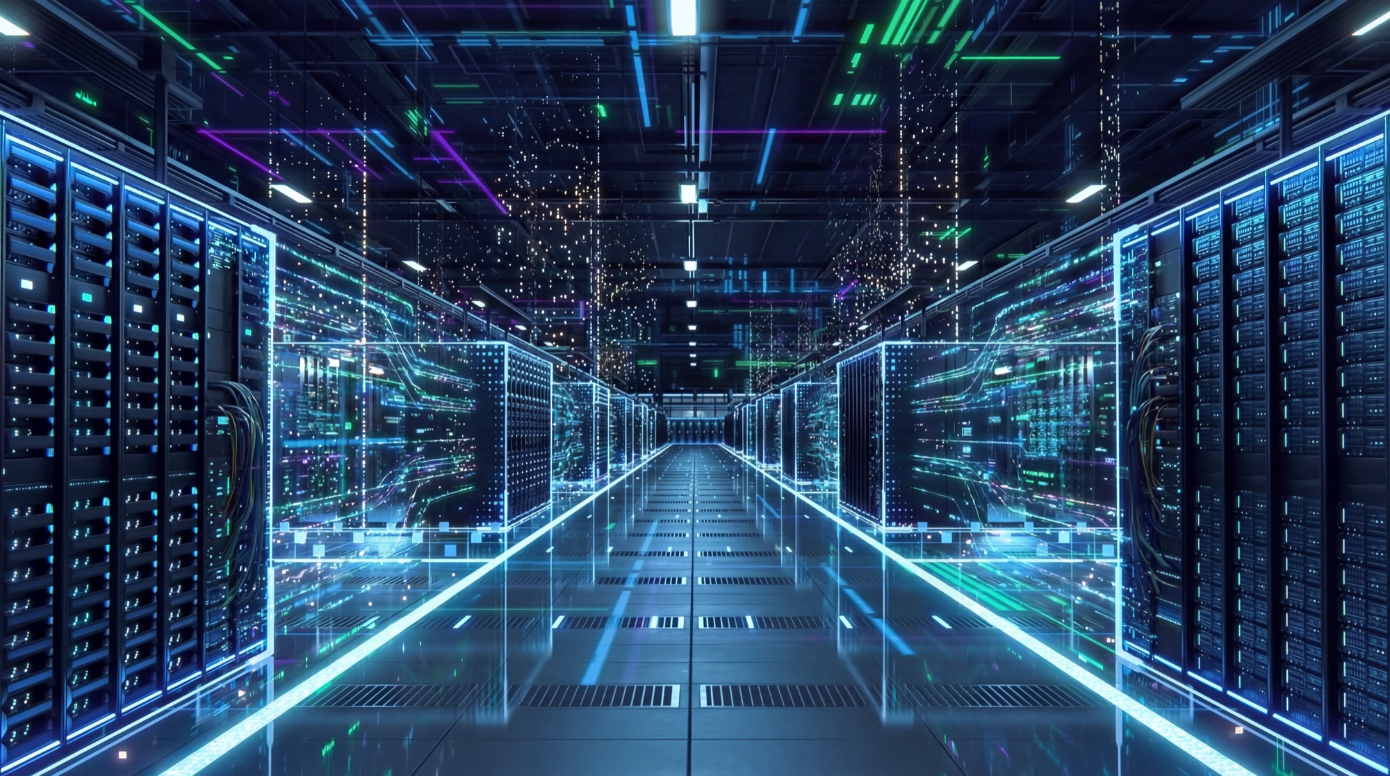 Data center server hall with blue lighting